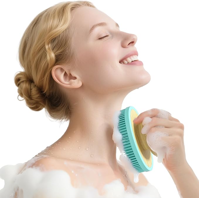 READAEER Silicone Back Scrubber with Long Handle Bamboo, 15.7in Lengthen Long Handle Body Brush for Shower, Double Sided Silicone Head for Back Cleaning and Massage, with a Hook