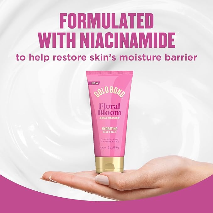 Gold Bond Floral Bloom Hydrating Hand Cream, Lightweight Everyday Hand Cream with Jojoba to Hydrate Skin and Niacinamide to Help Restore Skin’s Moisture Barrier, Fresh Floral Bloom Scent, 3 oz, 4 pk