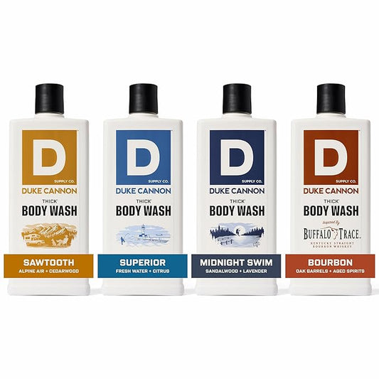 Duke Cannon Supply Co. Thick High Viscosity Body Wash - 3X Thicker, Plant-Based, Mineral-Enriched Body Wash for Men - Mens Body Scrub - Sawtooth, Bourbon, Midnight Swim & Superior