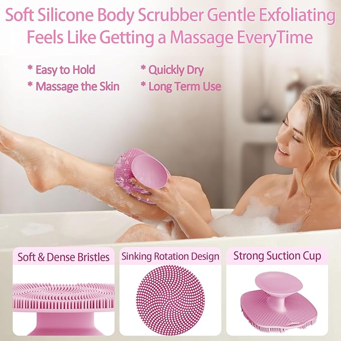 Soft Silicone Body Scrubber, Gentle Like a Hand Exfoliating Your Skin and Build Up Lather, Back Large Suction Cup Easy to Store, & Deep Clean (Body Scrubber + Face Scrubber Pink)