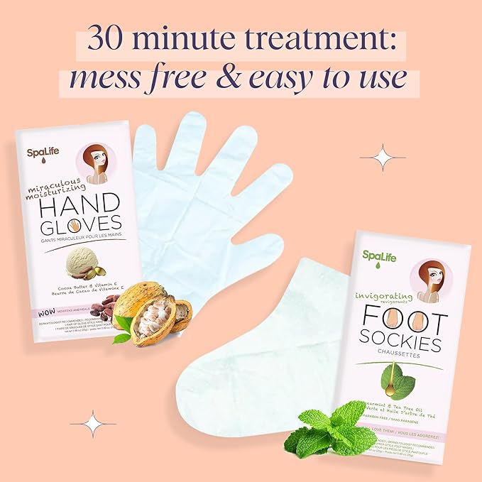 SpaLife Moisturizing Hand Gloves & Foot Mask Socks | Korean Skincare Set for Dry Cracked Hands & Dry Cracked Feet Callus Remover Alternative | Self Care Gifts for Women | 4 Hand, 4 Foot