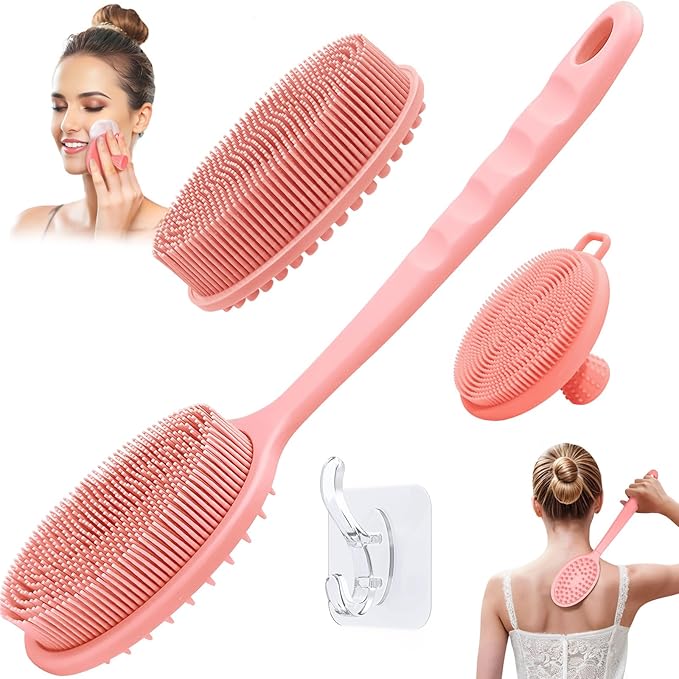 Silicone Face & Back Scrubber Set, Manual Face & Body Scrubber Exfoliator with Soft Bristles and Non-Slip Handle, Back Brush Bath Brush with 2 Detachable Brush Heads(3PCS Pink Set)