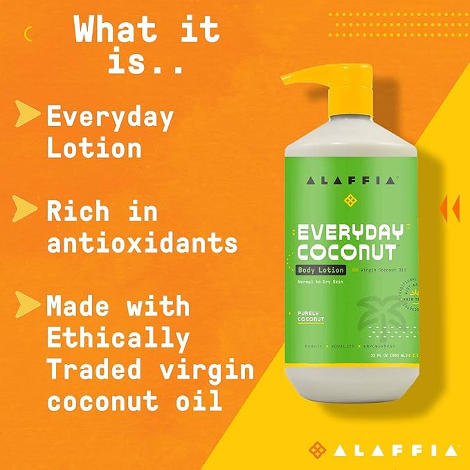 Alaffia Everyday Coconut Hydrating Body Lotion, Normal to Dry Skin, Moisturizing Oil is Support for Soft & Supple Skin, Purely Coconut, 2 Pack - 32 Fl Oz Ea