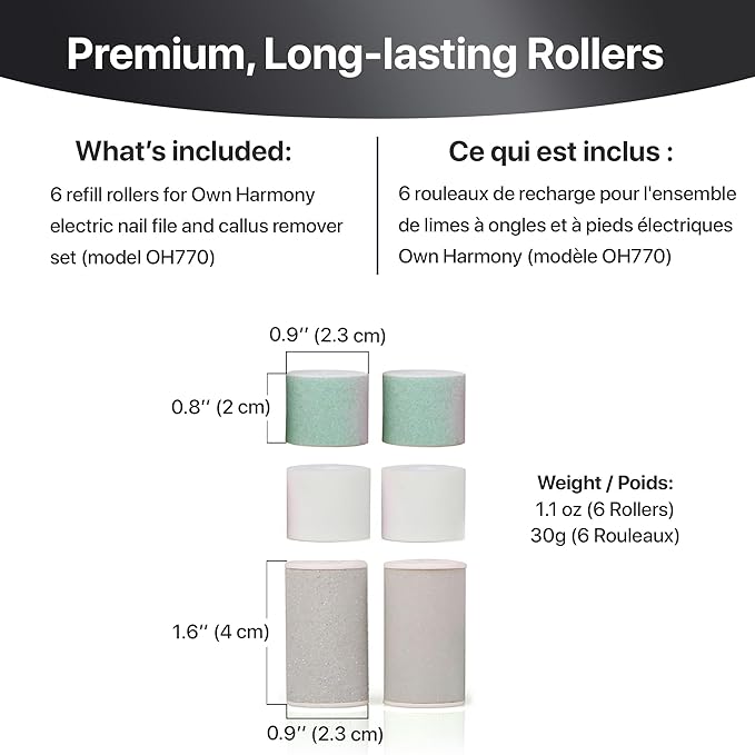 Refill Rollers for Own Harmony Electric Nail File Set & Foot Callus Remover - (4 in 1) Best Mani Pedicure Tools - Refills 6 Pack Replacement Roller Heads (Buffing, Filing, Polishing, Callus Removal)