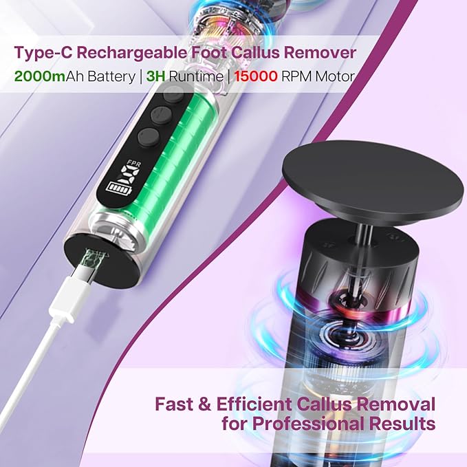 Professional Electric Foot Callus Remover, 9-Speed Cordless Foot File with Reusable Nano Glass Heads & Sandpaper for Dead Skin Removal and Smooth Feet