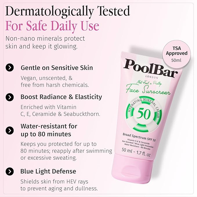 PoolBar Mineral Face Sunscreen Cream for Women and Men Sun Care, SPF 50, Hydrating Mineral, Vitamin C, E, and Ceramide, Non Scented Water Resistant Sunscreen, Blue Light Protection - 50ml (Pack of 3)