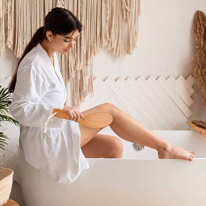 Gerrii 2 Pcs Dry Brushing Body Brush Natural Boar Bristle with Contoured Wooden Handle for Back Legs Feet Exfoliates Dead Skin