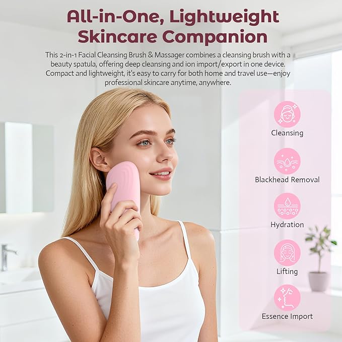 2 in 1 Electric Face Scrubber Silicone Facial Cleansing Brush, Exfoliator Scrubber & Skin Spatula Pore Cleaner Blackhead Remover Tools, Waterproof Face Brush Exfoliating Deep Cleaning Massager, Pink