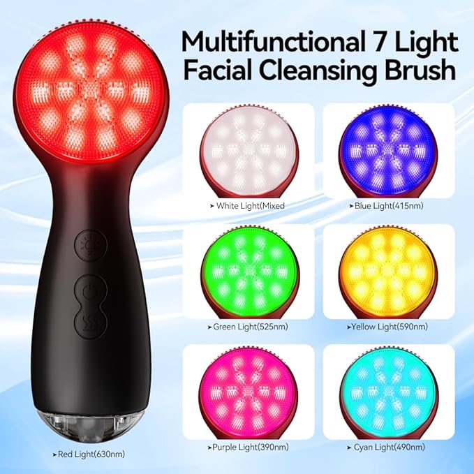 Facial Cleansing Brush, Face Scrubber, Electric Face Brush with 7 Colors, Rechargeable Waterproof Exfoliator with Heat and Vibration, Deep Cleansing and Massage for Men and Women(Black)