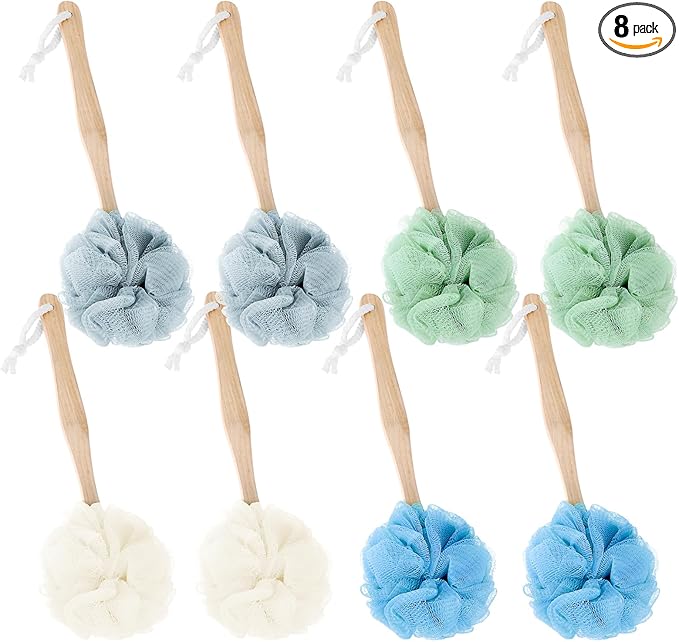 8 Pack Large Bath Puff Loofah Sponge with Long Handle Shower Loofah, Bath Body Back Brush