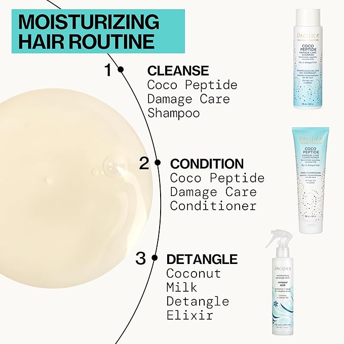 Pacifica Coco Peptide Damage Care Shampoo & Conditioner Set – Repairing Hair Care for Dry Damaged Hair Vegan Collagen & Peptides for Split Ends & Breakage Sulfate Free Clean Vegan Dermatologist Tested