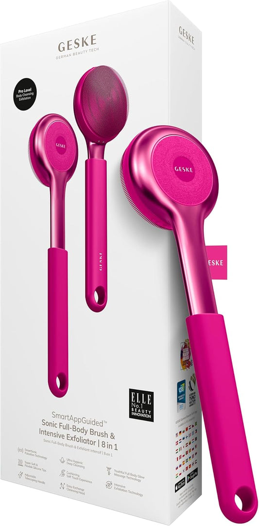 GESKE Sonic Full-Body Brush & Intensive Exfoliator | 8 in 1 | Electric Body Cleansing Brush | With SmartSonic Pulsations | Deep Cleansing, Exfoliation, Massage | Extendable Handle | Rough Skin Remover