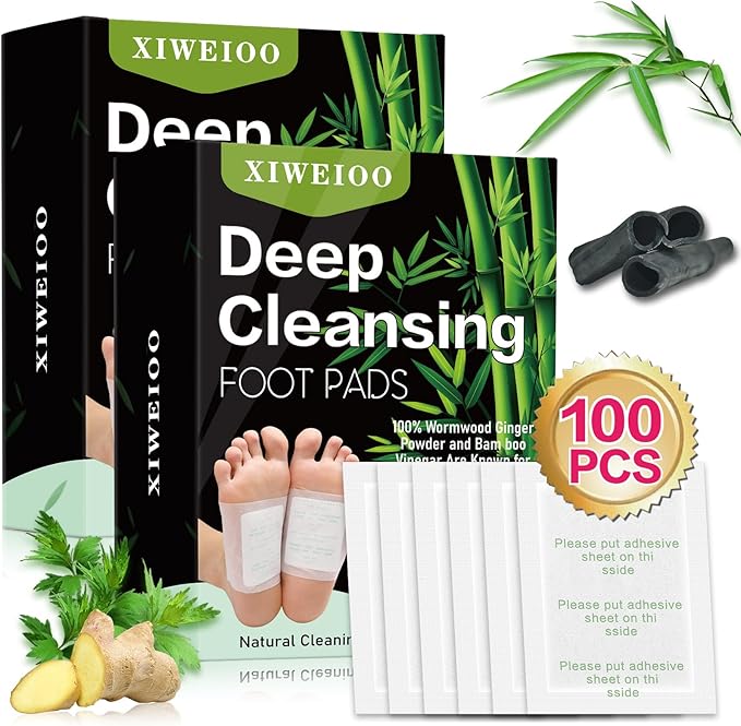 Foot Pads 2-Box Set 100 pcs Ginger Oil & Bamboo Charcoal Premium Foot Care Patches - Relieves Stress and Fatigue - Improves Sleep and Supports Body Cleansing Christmas Gifts for Women