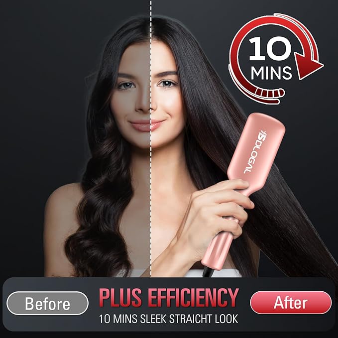 SDLOGAL Hair Straightener Brush, Hair Straightener Comb Straightening Brush for Women, with 5 Temps & Fast Heating, Easy and Fast Salon-Style, Plus Dual Voltage Travel Friendly-(Rose Gold)