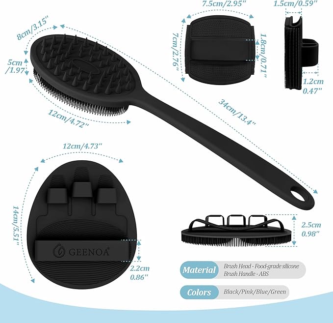 Silicone Back & Face Scrubber & Bath Glove Set 3PCS, 13.4'' Gentle Back Scrubber with Dual-Side Head, 360° Anti-Slip Bath Glove, Unique Side-bristled Face Scrubber for All-round Cleaning(Black)