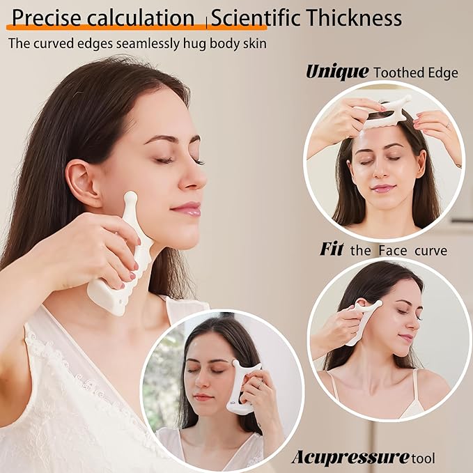 Ceramic Gua Sha Tool for Face & Body, Christmas Gifts for Adults Mon, 6 in 1 Facial Massage, Lymphatic Drainage, Jaw Lifting, Puffiness Care, Neck Massage for Stress Relief - Home Self Care, White