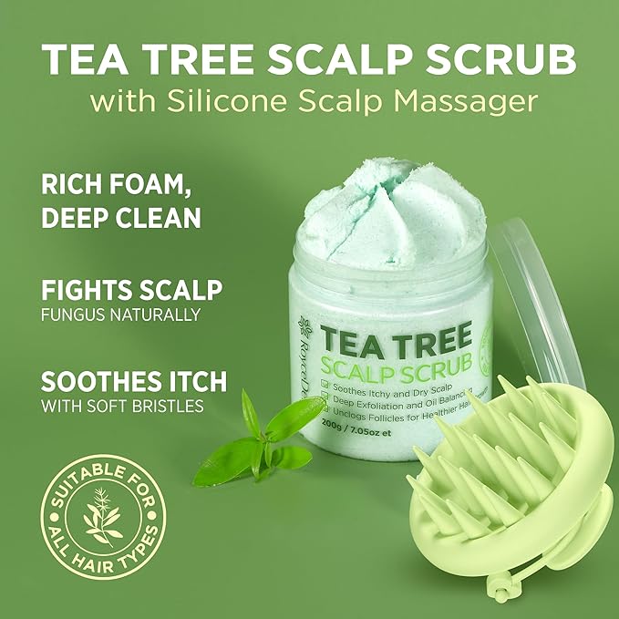 Roycederm Tea Tree Scalp Scrub with Scalp Massager Brush - Deep Cleansing & Exfoliating Pre-Shampoo Treatment for Dry, Flaky Scalp – Gently Refreshes, Hydrates & Balances Scalp