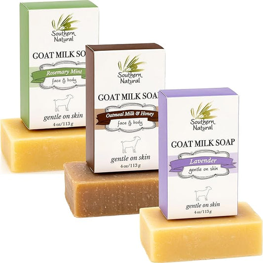 Southern Natural Goat Milk Soap Bar – Lavender, Oatmeal Milk & Honey, Rosemary Mint – Handmade for Dry and Sensitive Skin– Face & Body Wash for Men, Women, Kids, Baby – 3 pack (4-4.5 oz)