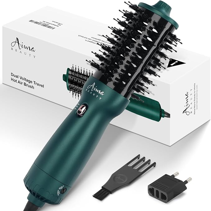 Aima Beauty Hair Dryer Brush Dual Voltage Worldwide Travel Blow Dryer Brush Hot Air Brush Oval Barrel 110-120V/220-240V 360°Airflow,Negative Ionic Frizz-Free Dry/Straightening/Voluming, Dark Green