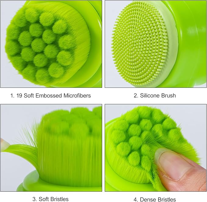 Face Brush 2 in 1, Silicone Facial Cleansing Exfoliating Brush Soft Bristles Pore Deep Cleansing Manual Dual Face Wash Scrub Brush for Massaging, Makeup Skincare Removal, Fluorescent Green