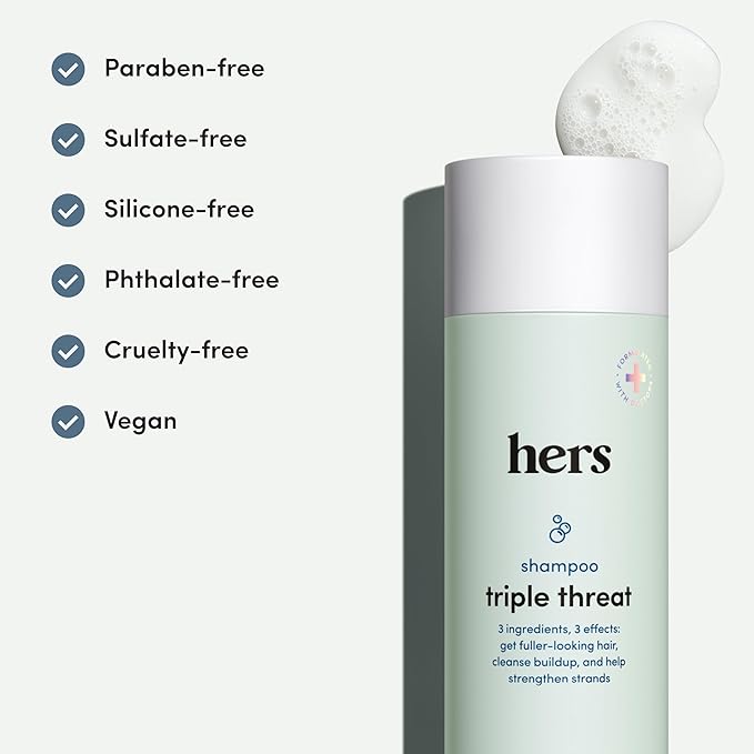 hers triple threat shampoo for hair that feels and looks thicker and stronger with biotin, saw palmetto, pumpkin seed oil, lightly scented with rose, helps control hair shedding, 2 pack, 6.4oz