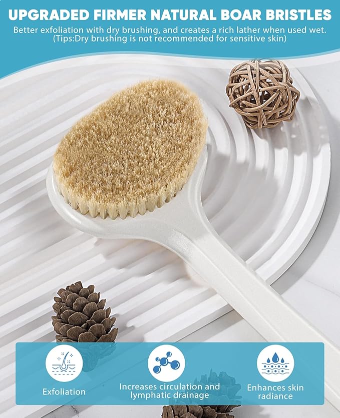 Back Scrubber for Shower with 17" Long Handle, Non-Slip Grip Dry Brushing Body Brush, Natural Boar Bristles Shower Brush for Lymphatic Drainage, for Men & Women Use - White with Blue Handle