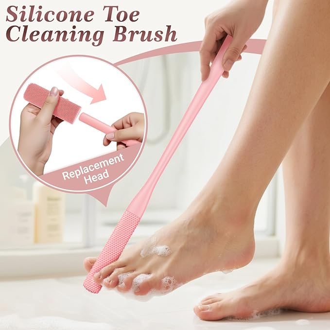 Manmihealth Silicone Back Scrubber & Soft Shower Brush, Silicone Scalp Massager, Toe Cleaning Brush Set 8 PCS, Body Foot Scrubber & Shampoo Brush Combination, with 4 Free Hooks (Style 1 Pink)