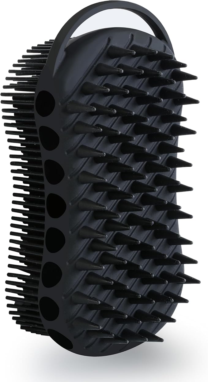 MtBoi Double-Sided Exfoliating Silicone Body Scrubber, 2-in-1 Bath Scrubber, Shampoo Brush, Silicone Loofah for All Skin Types, Shower Body Scrubber, Easy to Clean, Lather Well (Black)