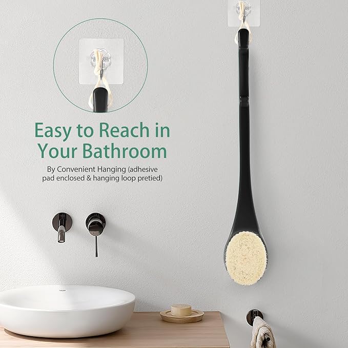 Back Scrubber for Shower, 17-Inch Shower Brush for Men and Women, Long Handle Exfoliating Body Brush, Medium Bristle Stiffness for Dry or Wet Brushing (Black)