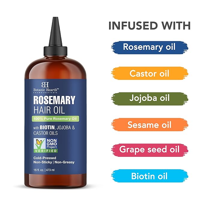 Botanic Hearth 100% Pure Rosemary Oil for Hair Growth | Infused with Biotin, Jojoba & Castor Oil | Hair Oil Repairs Dry Damaged Hair, Strengthening, Healthier - Hair Tonic, 16 fl oz