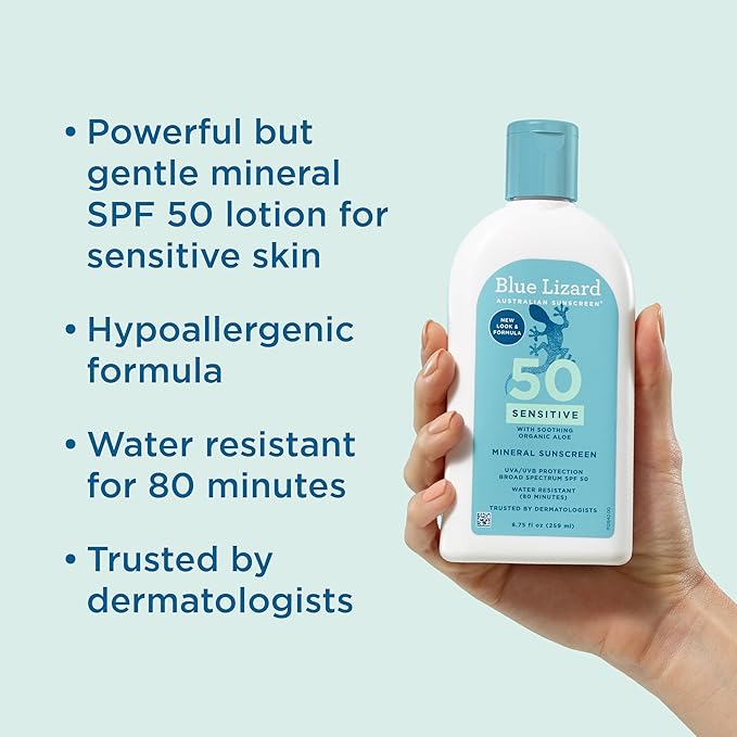 Blue Lizard SENSITIVE Mineral Sunscreen with Zinc Oxide, SPF 50+, Water Resistant, UVA/UVB Protection with Smart Bottle Technology - Fragrance Free, 8.75 oz.