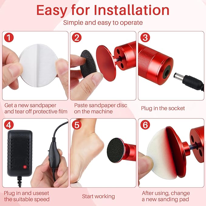 Electric Foot File, Callus Remover for Feet,Adjustable Speed 2 in 1 Electric Foot File Nail Grinder with 60 Pcs Sandpaper Discs, Tool for Dead Skin and Calluses,Gift for Women, Men- Red