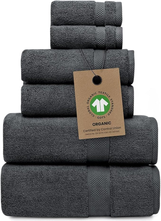 100% Organic Zero-Twist Cotton Towels - GOTS Certified Luxury Bath Towels - Ultra Soft & Plush 700GSM Long-Staple Cotton - 6 Piece Towel Set (Granite Grey)