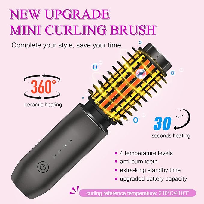Mini Cordless Curling Iron Brush, Portable Hair Straightening Brush, Cordless Hair Curler Anti-Frizz with Negative Ions, 3-in-1 Crimper Hair Tool, Rechargeable Wave Curling Wand - Night Purple