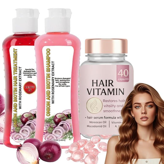 Onion & Biotin Shampoo Set – Rosemary Strengthening Shampoo + Conditioner + Leave-in Hair Vitamin Capsules, Hydrating & Repair Kit for Dry, Damaged, and Frizzy Hair