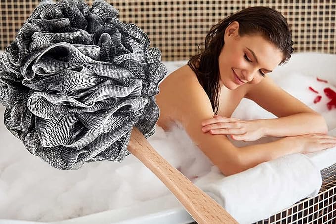 Shower Sponge Loofah Back Scrubber, Soft Mesh Body Scrubber with Wooden Handle, Bath Sponge for Women Kids (Black)