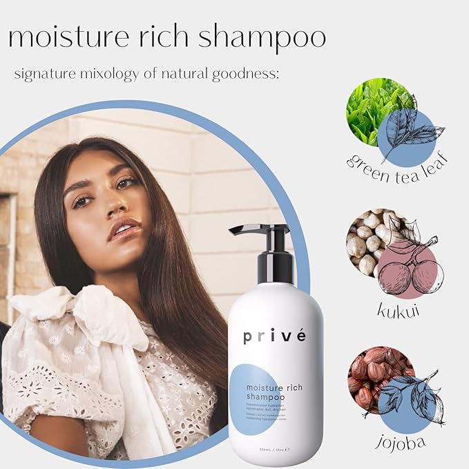 Prive Moisture Rich Shampoo - Extreme Hydration- Infused with Shea Butter - Great for All Hair Types - Color Safe (12 oz)