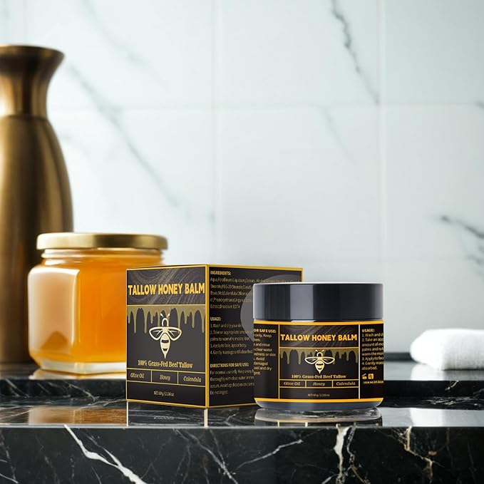 Beef Tallow for Skin, Beef Tallow for Face| Natural Grass-Fed Beef Tallow Moisturizer | Deep Hydration with Organic Raw Wild Honey & Beeswax | Face & Body Formula | Lightly Scented