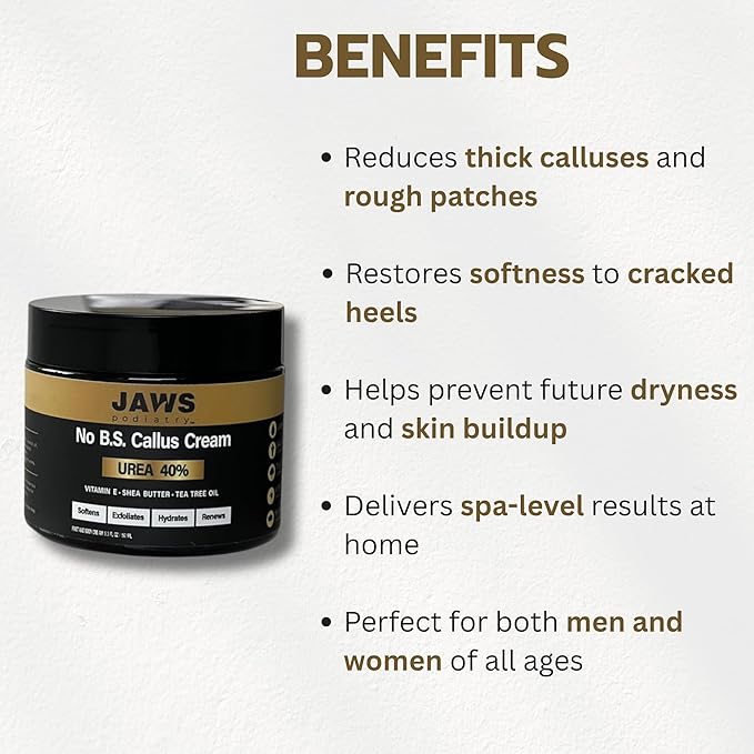 Jaws Podiatry Urea Cream Callus Cream - Foot Cream for Dry Cracked Heels Feet Knees Elbows Hands - 40% Urea Callus Remover For Feet - Soften Exfoliates Hydrates and Renews Skin