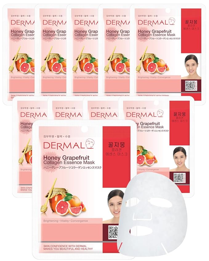 DERMAL Honey Grapefruit Collagen Essence Korean Facial Mask Sheet Pack of 10 - Rich in Vitamin C & Amino Acid - Hydrating, Evens Skin Tone & Dark Spots - Hypoallergenic Skin Friendly Sheet