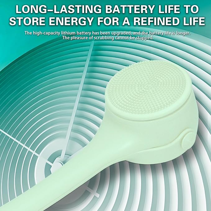 Electric Body Brush Back Scrubber for Shower, Waterproof Long Double-Handled Four-Head Electric Body Scrubber, Rechargeable Bath Brush, for Cleaning, Exfoliation and Skin Massage (Mint Green)