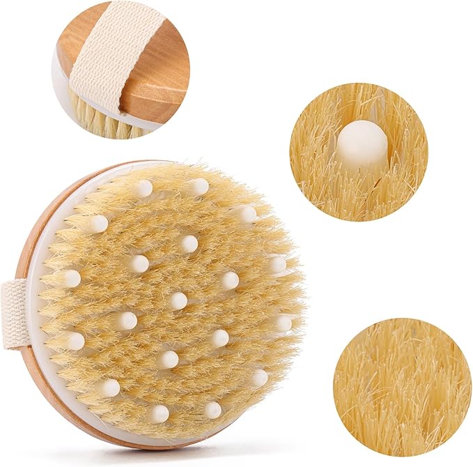 2-Pack Dry Brushing Body Brush for Lymphatic Drainage, Round Dry Exfoliating Brush with Massage Nodes for Cellulite, Dry Skin, Circulation Boost
