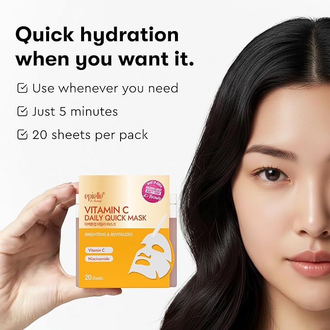 Epielle Vitamin C Korean Face Masks 20 Pack - Brightening Sheet Masks with Niacinamide for Dark Spots & Glowing Skin, Stocking Stuffers for Women