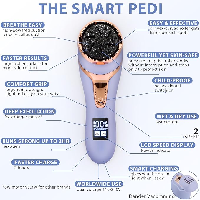 Callus Remover for Feet (with Dander Vacuum), Portable Pedicure Kit Foot File Callus Remover, Rechargeable Waterproof Foot File for Foot Care Deadskin Remover with 3Head&LCD Display, Purple