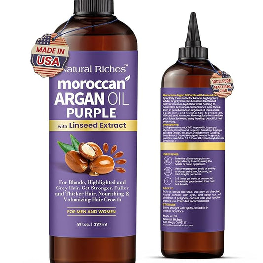 Natural Riches Purple Moroccan Argan Oil Hair Treatment with Linseed Extract, Anti-Brass Formula for Blonde, Silver, Platinum & Grey Hair Neutralize Yellow Tone, Smooths Frizz & Restore Shine 8 fl oz
