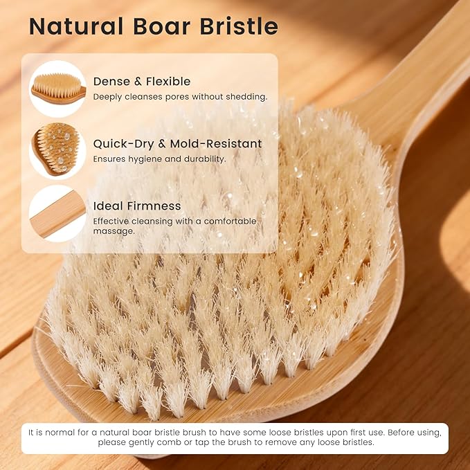 Bamboo Back Scrubber for Shower with Curved Long Handle - Stiff Natural Boar Bristles for Men and Women, Deep Cleansing and Exfoliating, Anti-Slip Grip for Wet or Dry Brushing