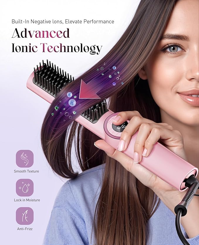 Hair Straightener Brush: Upgraded Straightening Comb for Women with Dual Voltage, Pink