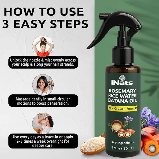 Rosemary Water Spray 5 fl oz - with Rice Water, Biotin, Batana & Peppermint Oil – Hair Oil Spray for Strengthen, Moisturize & Thicken Naturally, Suitable for All Hair Types - For Men & Women