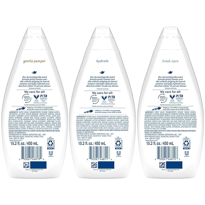 Dove Body Wash Variety 3-Pack – Hydrate, Fresh Care, and Gentle Pamper, 15.22 Oz Ea