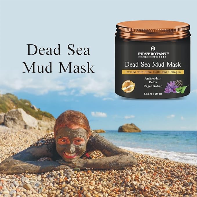 First Botany, 100% Natural Mineral-Infused Dead Sea Mud Mask 8.8oz Stem Cells Facial Treatment Skin Cleanser Pore Reducer Anti Aging Acne Treatment Blackhead Remover Cellulite & Natural Moisturizer